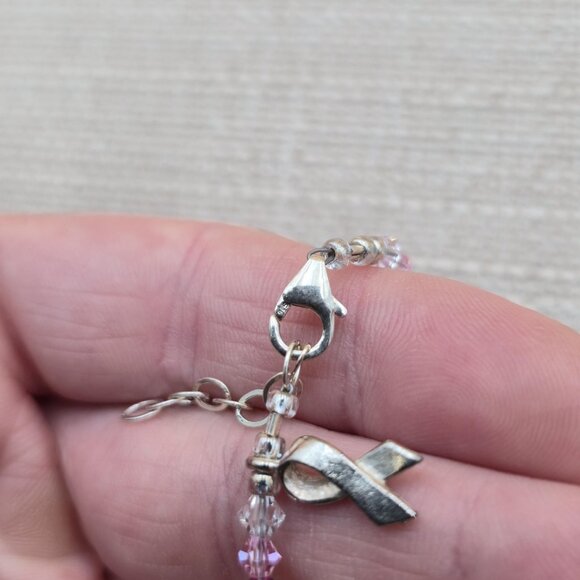 7+1 Inch Sterling Silver Pearl Breast Cancer Charm Bracelet B614 - Picture 4 of 6